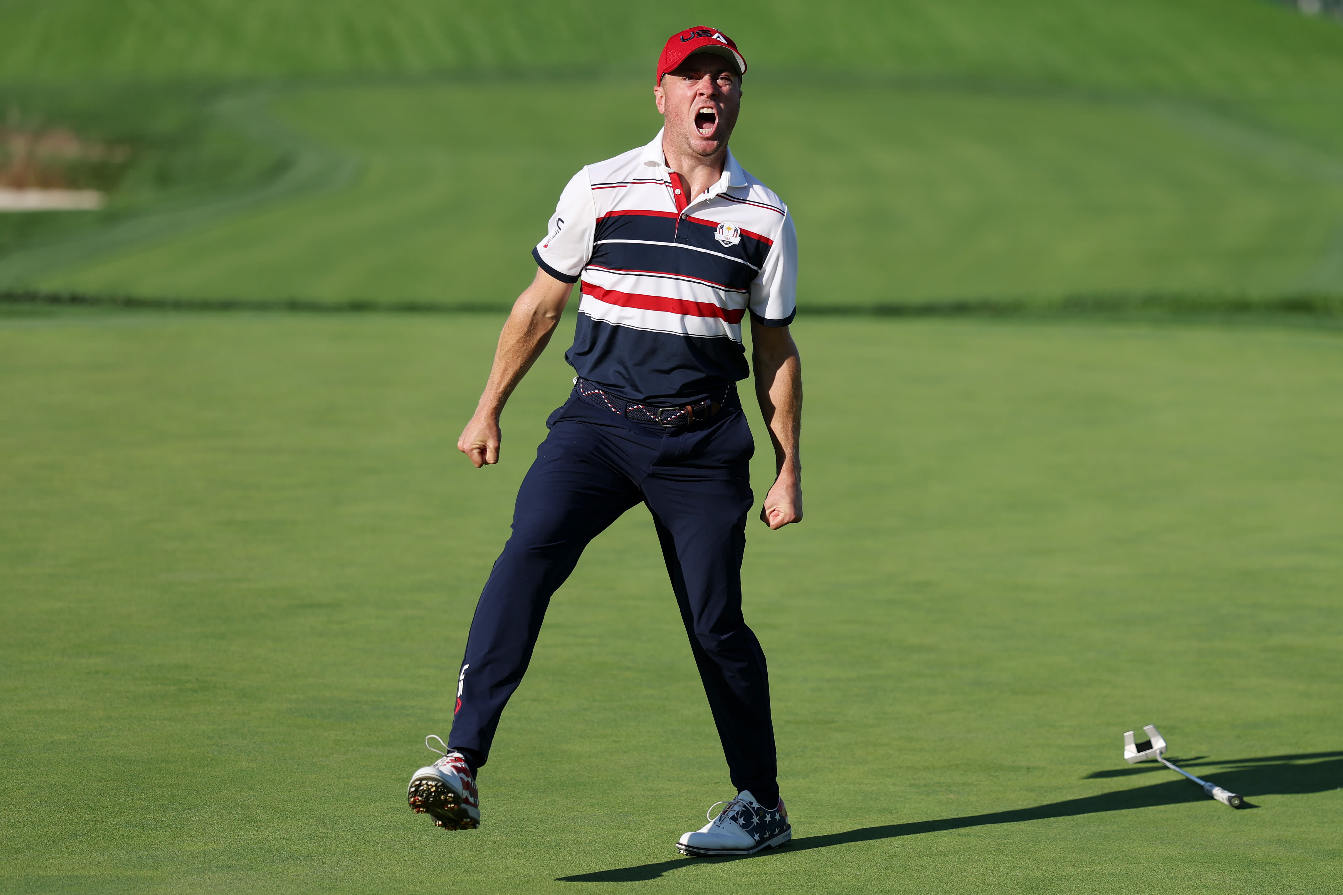 Justin Thomas after making a clutch putt on No. 18 at the Ryder Cup.