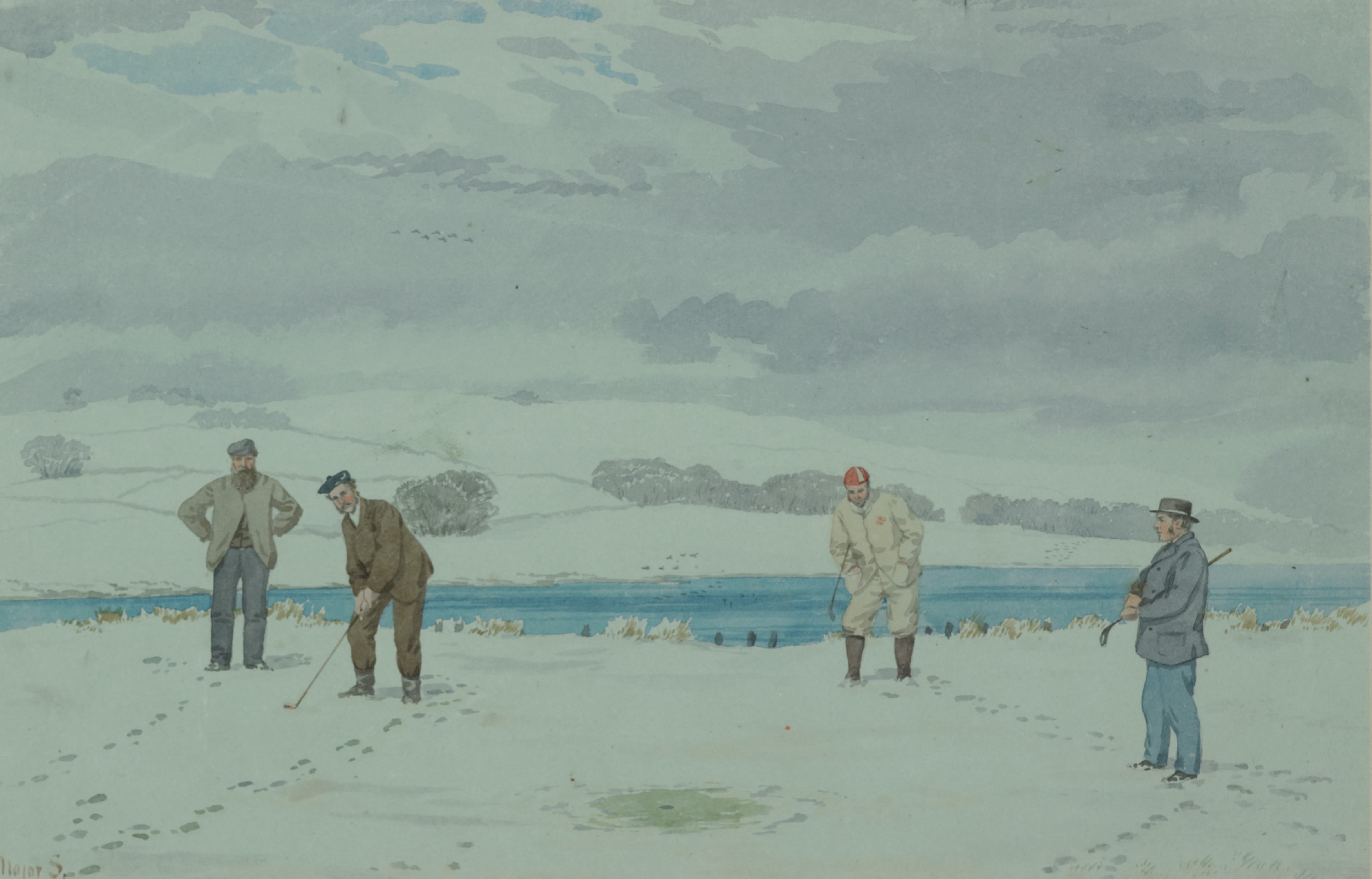 A painting shows Old Tom and Young Tom (far left) in Young Tom's last match. (Reproduced by kind permission of The Royal and Ancient Golf Club of St Andrews)