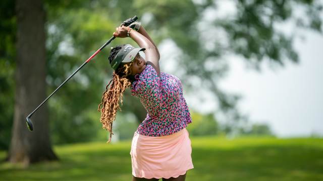 Chanelle Wangari hits her tee shot rocking bright colors during the 46th Boys and Girls Junior PGA Championship (Photo by Rachel Harris/PGA of America)
