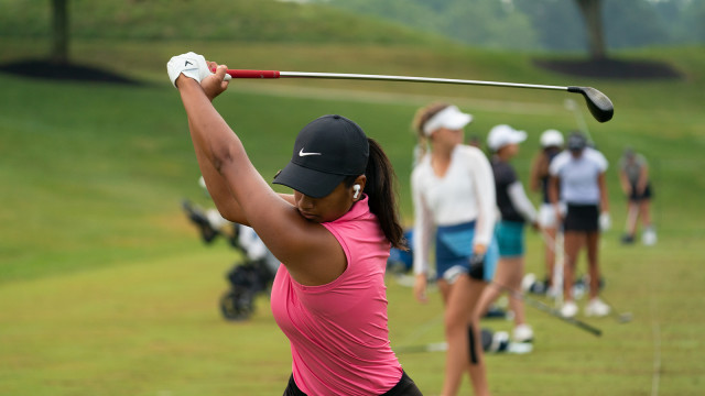Megha Ganne hits her shot on the practice range during the third round of the 45th Girls Junior PGA Championship held at Valhalla Golf Club on July 28, 2021 in Louisville, Kentucky. (Photo by Hailey Garrett/PGA of America)