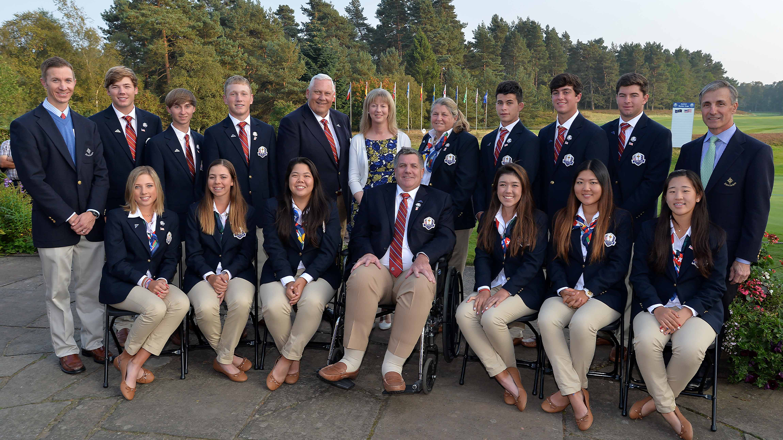  The USA team Photograph - (Front L-R) Sierra Brooks, Kristen Gillman, Bethany Wu, Brian Whitcomb (USA Team Captain), Hannah O'Sullivan, Amy Lee and Andrea Lee, (Back L-R), Nathan Ollhoff, Sam Burns, Austin Connelly, Brad Dalke, Allen Wronowski (PGA Honorary President), Shona Robison (cabinet Minister for Sport) Mary Bea Porter King, (Assistant Captain), Gordon Neale, Cameron Young, Davis Riley and Jake Romanow, during the Opening Ceremony of the 2014 Junior Ryder Cup at Blairgowrie Golf Club on September 21, 2014 in Perth, Scotland. (Photo by Mark Runnacles/Getty Images)