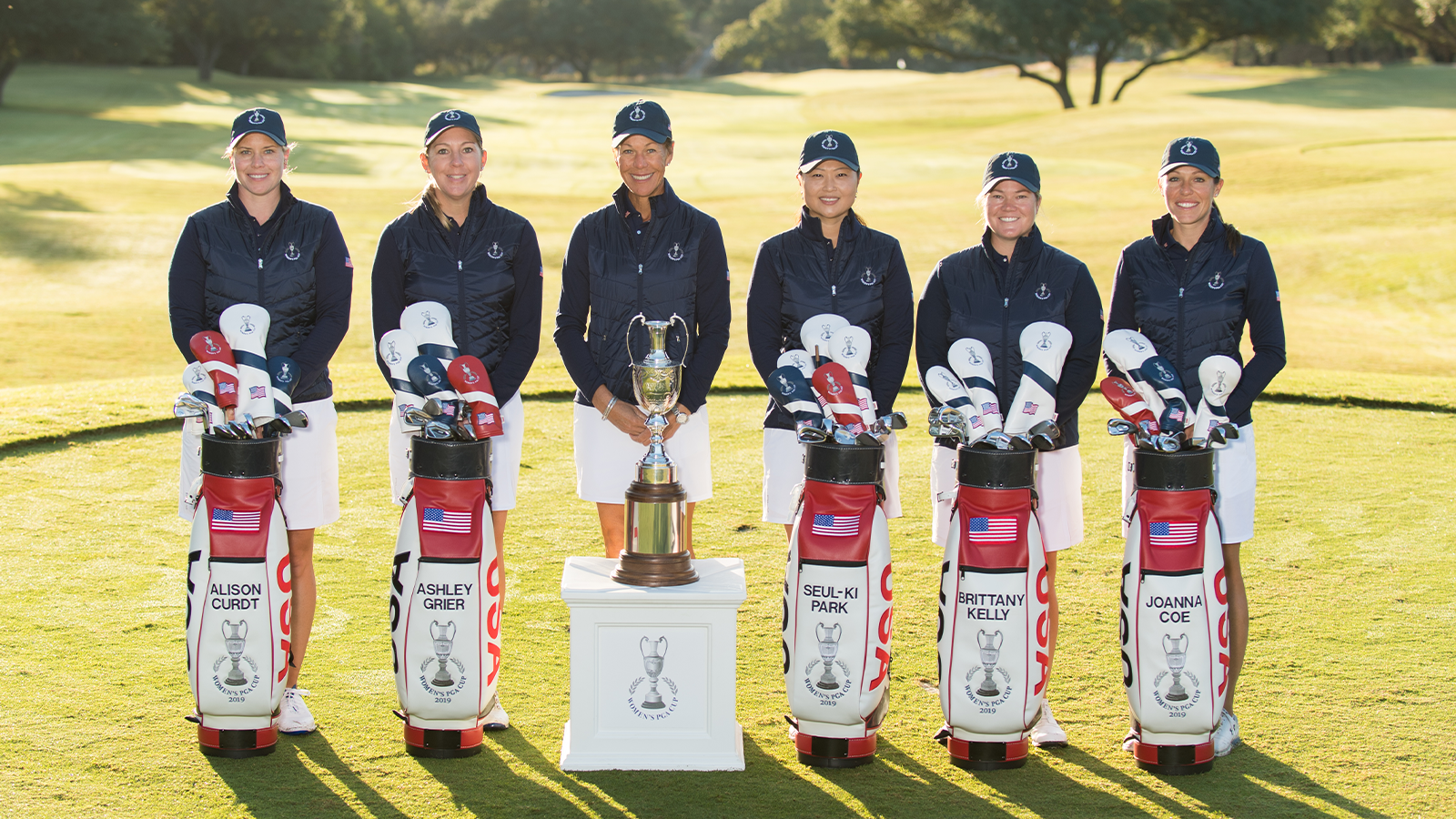 Alison Curdt of the United States, Ashley Grier of the United States, United States Captain, Suzy Whaley, Seul-Ki Park of the United States, Brittany Kelly of the United States and Joanna Coe of the United States pose for a photo during a practice round for the 2019 Women’s PGA Cup held at the Omni Barton Creek Resort & Spa on October 23, 2019 in Austin, Texas. (Photo by Montana Pritchard/PGA of America)