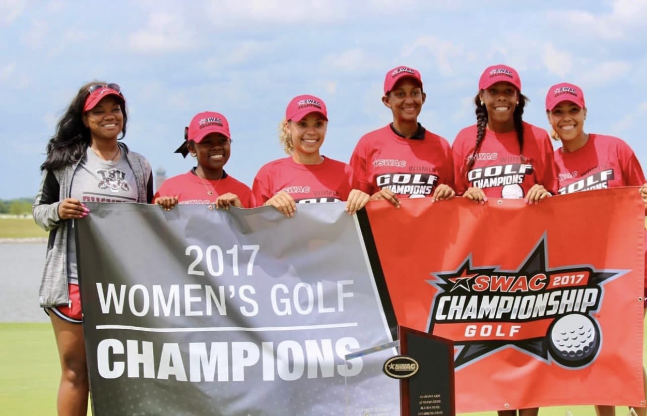 Paul Millsap PGA WORKS fellow Destany Hall and her team at TSU posing as SWAC 2017 Women's Golf Champions. 