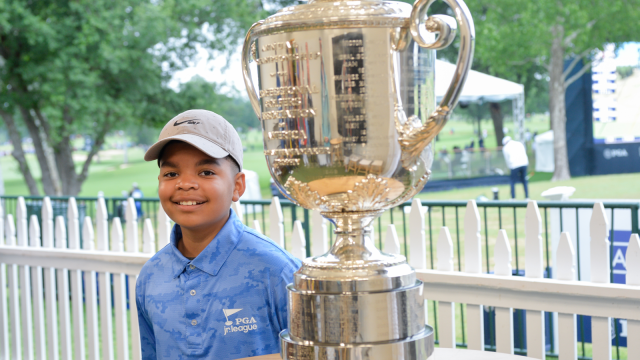 PGA Junior League Contestants with the Wanamaker trophy during the third round of the 2022 PGA Championship.