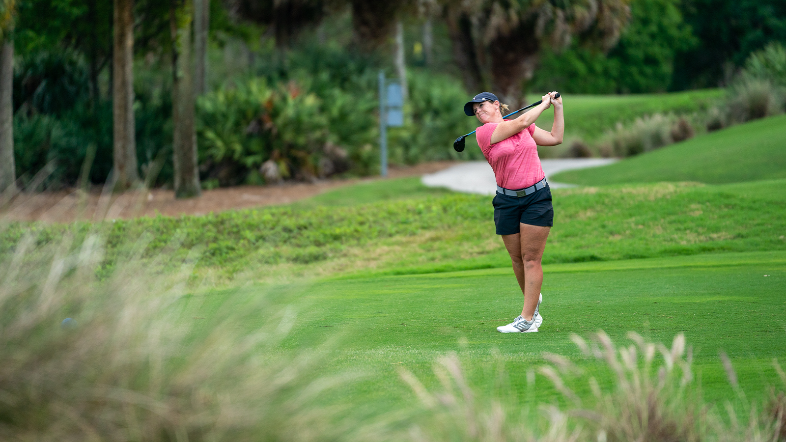 Stephanie Connelly-Eiswerth tees off on the 18th hole of the Wanamaker during the final round of the 2021 Women's Stroke Play Championship at PGA Golf Club on February 16, 2021 in Port St. Lucie, Florida. (Photo by Rachel Harris/PGA of America)