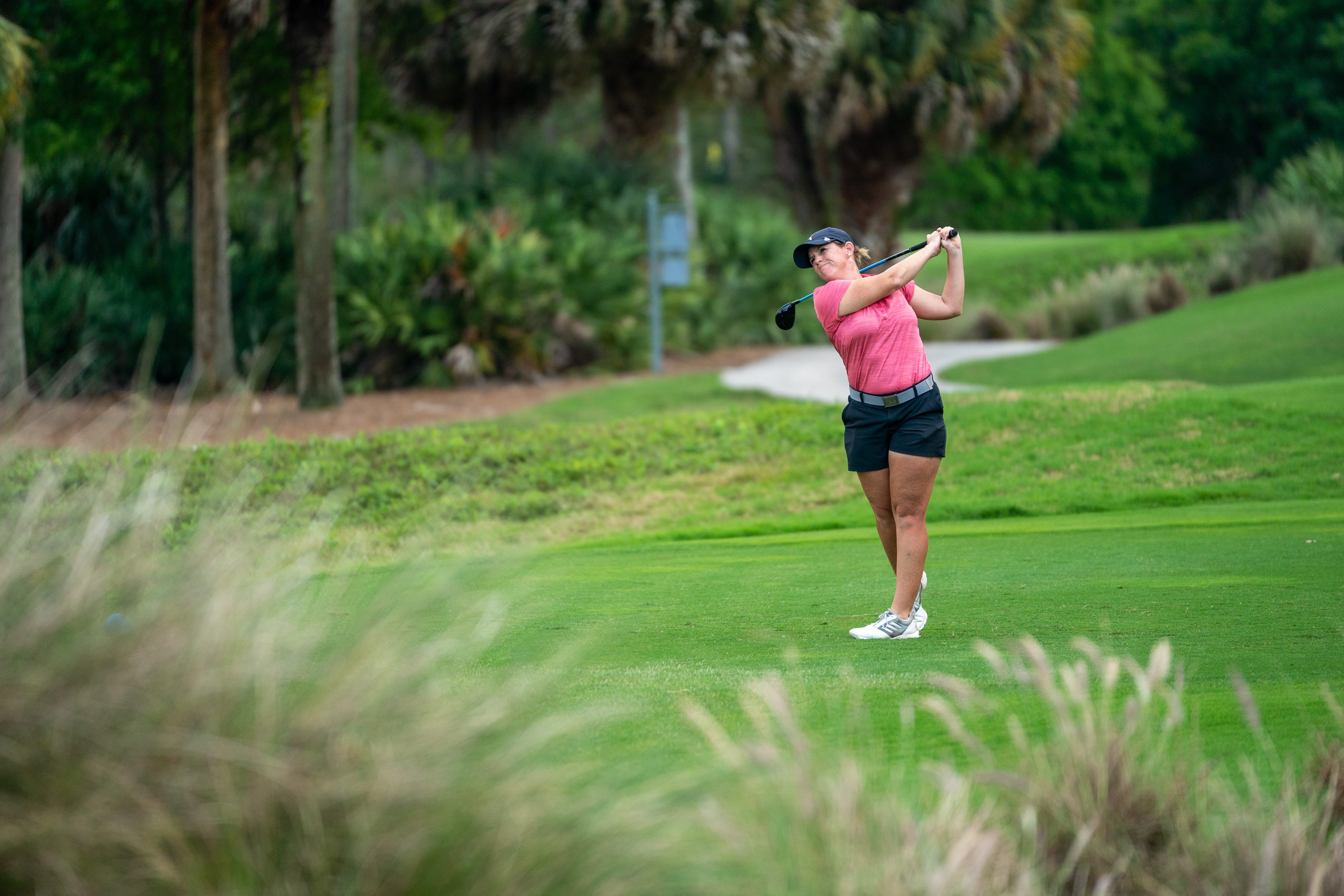 Stephanie Connelly-Eiswerth tees off on the 18th hole of the Wanamaker during the final round of the 2021 Women's Stroke Play Championship at PGA Golf Club in Port St. Lucie, Florida. (Photo by Rachel Harris/PGA of America)