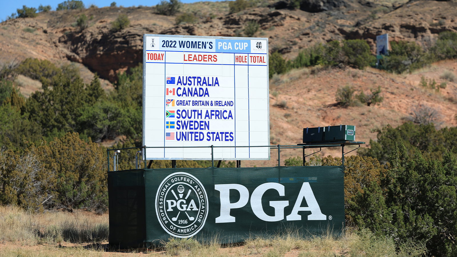 An overall view of a scoreboard during a practice round for the 2nd PGA Women's Cup at Twin Warriors Golf Club on Tuesday, October 25, 2022 in Santa Ana Pueblo, New Mexico. (Photo by Sam Greenwood/PGA of America)