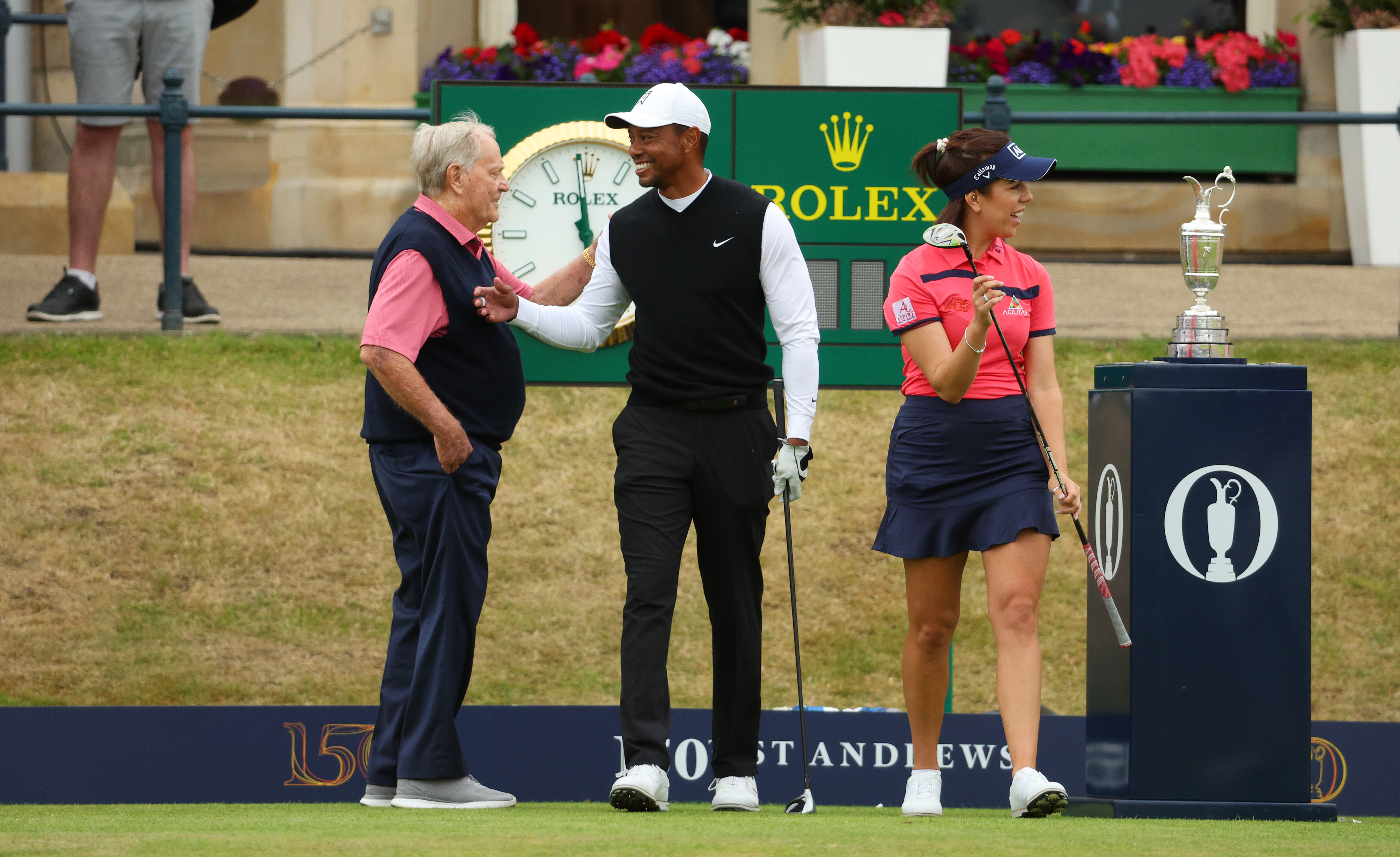 Tiger Woods and Jack Nicklaus on the 1st during the Celebration of Champions Challenge during a practice round prior to The 150th Open at St Andrews Old Course.