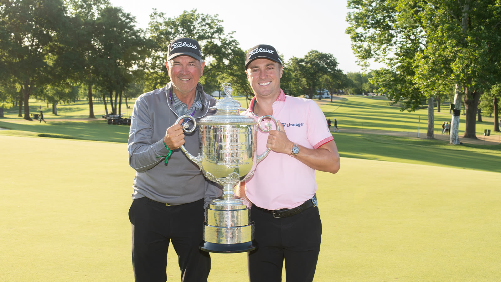 PGA Professional, Mike Thomas and 2022 PGA Champion, Justin Thomas during the Trophy Presentation the 2022 PGA Championship at the Southern Hills on May 22, 2022 in Tulsa, Oklahoma. (Photo by Montana Pritchard/PGA of America)