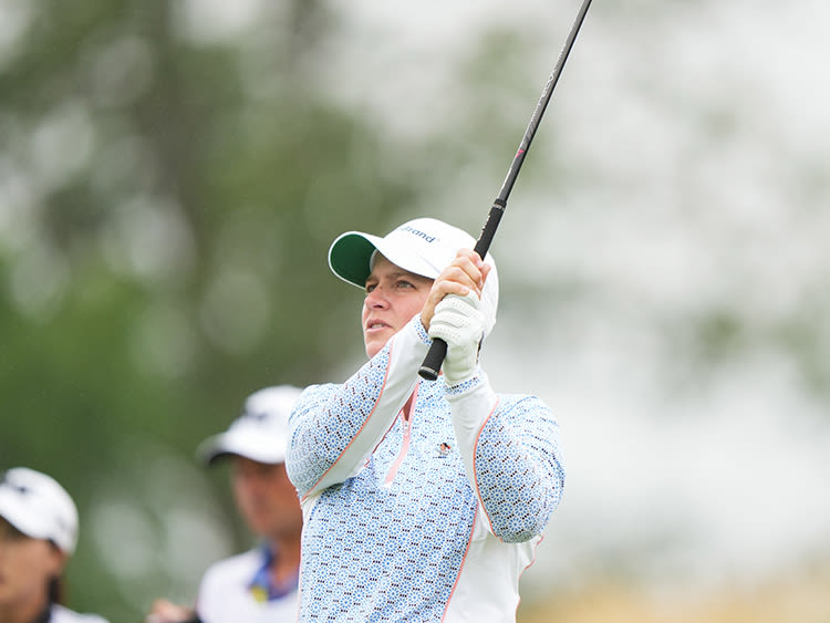 LPGA Professional, Meaghan Francella hits her tee shot on 10th hole during the first round for the 2022 KPMG Women's PGA Championship at Congressional Country Club on June 23, 2022 in Bethesda, Maryland. (Photo by Darren Carroll/PGA of America)