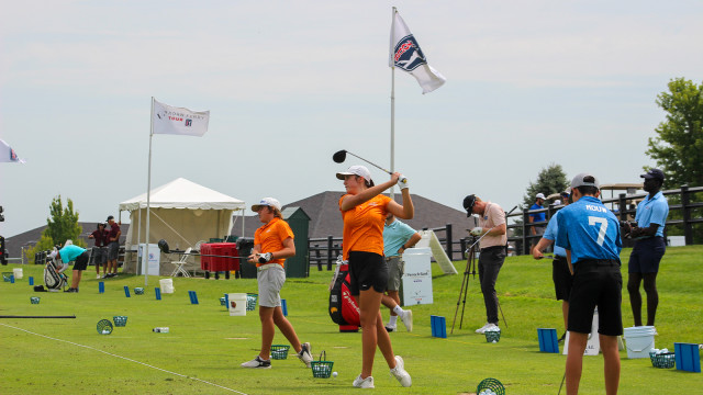 Participants at the PGA Jr. League Nebraska Section Championships warm up next to players on the Korn Ferry Tour.