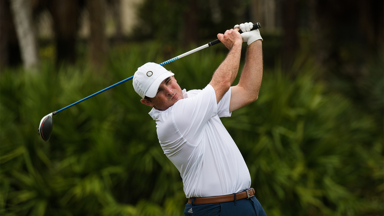 Steve Delmar hits his tee shot on the ninth hole during the second round for the 43rd National Car Rental Assistant PGA Professional Championship held at the PGA Golf Club on November 15, 2019 in Port St. Lucie, Florida. (Photo by Hailey Garrett/PGA of America)