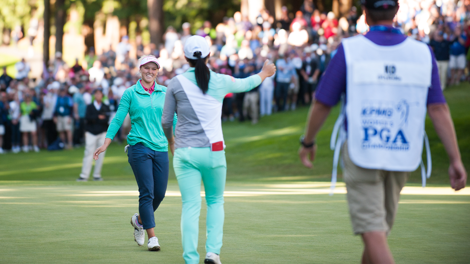 Brooke Henderson and Lydia Ko of New Zealand in a playoff during the final round of the 2016 KPMG Women’s PGA Championship at the Sahalee Country Club on June 12, 2016 in Sammamish, Washington. (Photo by Montana Pritchard/The PGA of America)