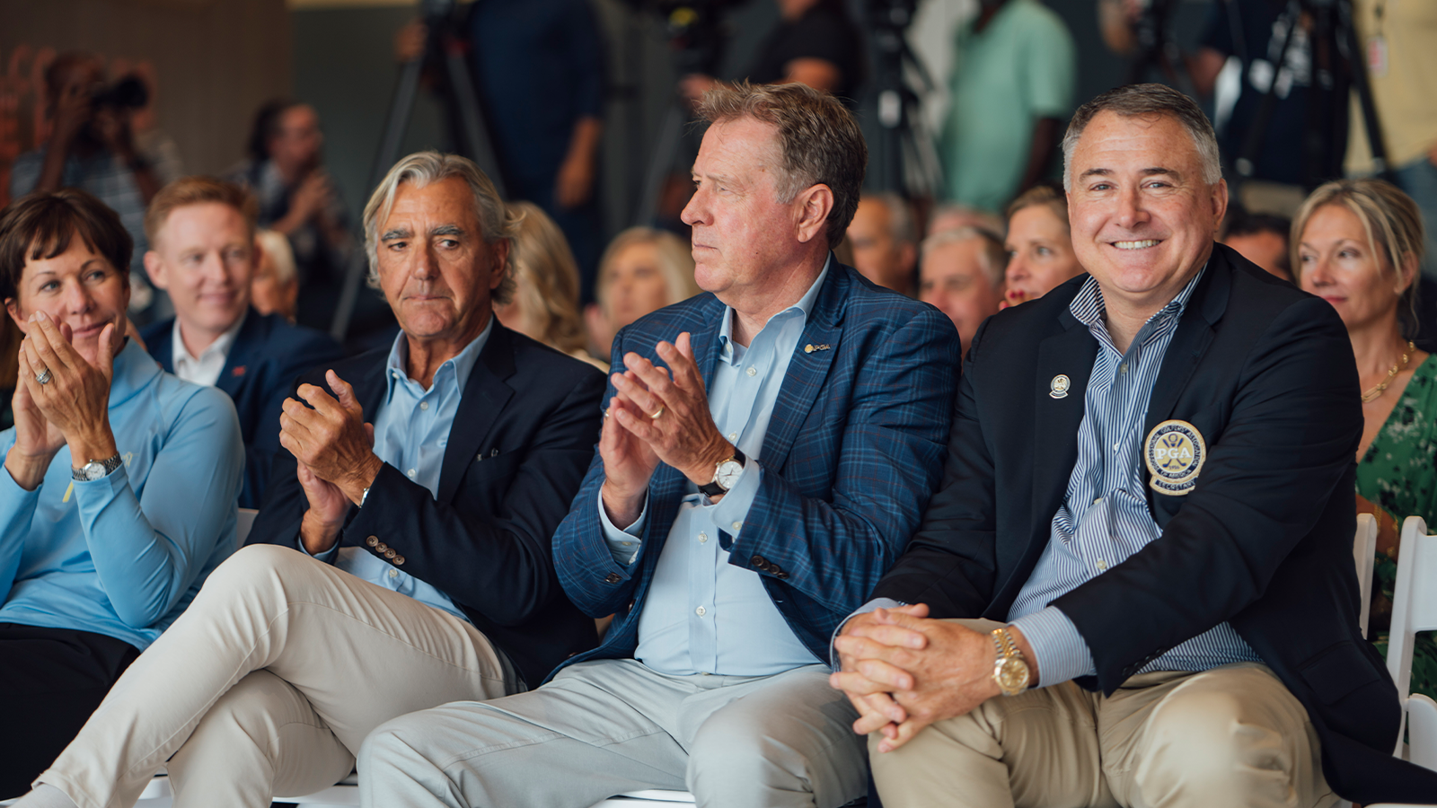 PGA of America Past President Suzy Whaley, PGA of America CEO Seth Waugh, PGA of America President, John Lindert and PGA of America Vice President Don Rea Jr. during the Welcome Home Celebration at PGA Frisco Campus on August 22, 2022 in Frisco, Texas. (Photo by Daryl Johnson/PGA of America)