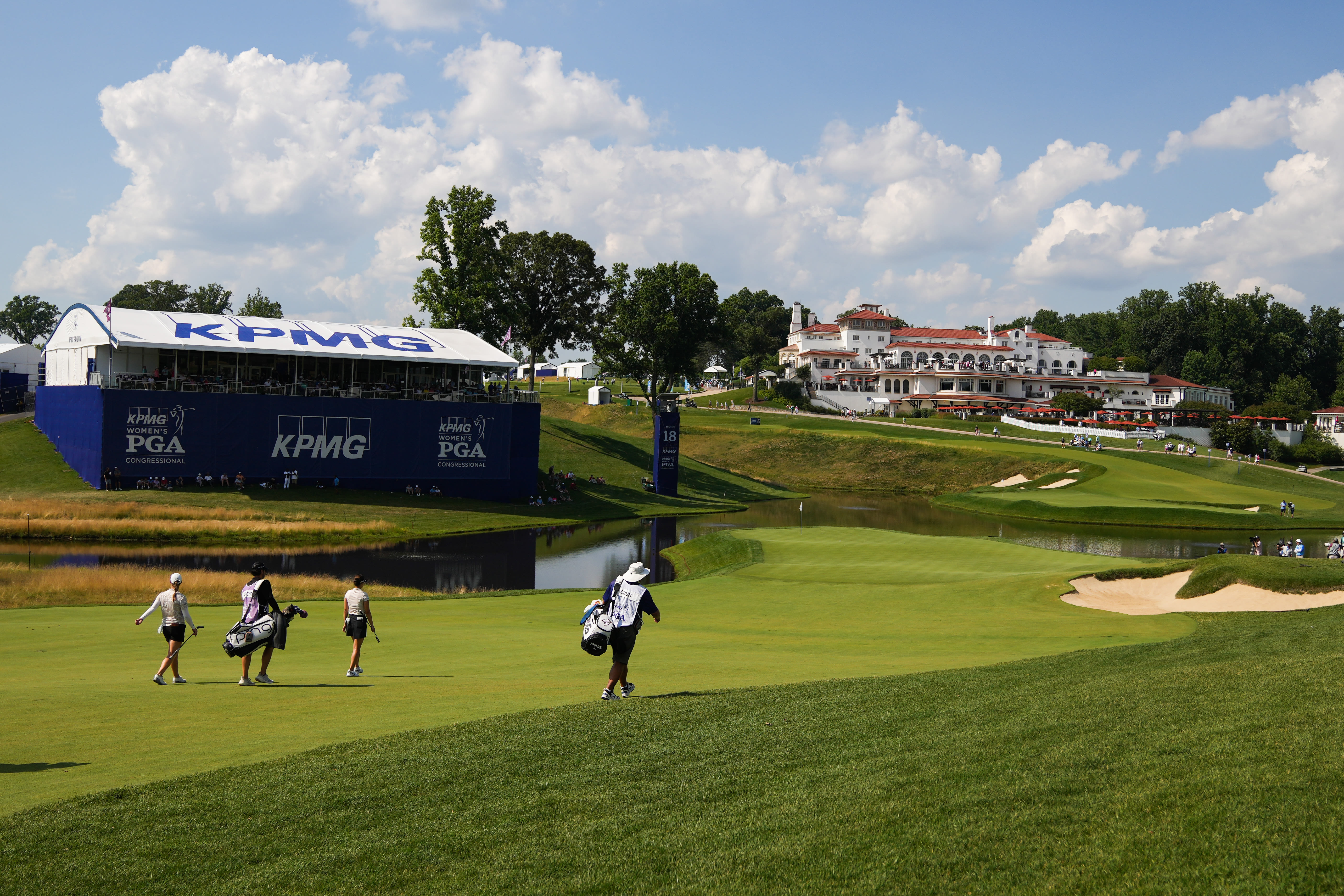 An overview of the 18th hole during the third round for the 2022 KPMG Women's PGA Championship at Congressional Country Club on June 25, 2022 in Bethesda, Maryland. (Photo by Darren Carroll/PGA of America via Getty Images)