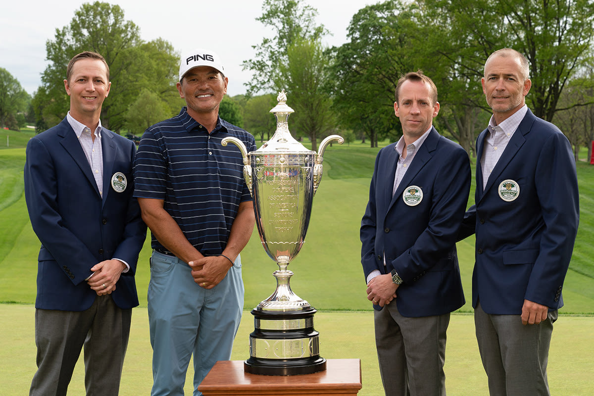 2019 Senior PGA Champion, Ken Tanigawa Jason Ballard, Chad Ellis and Jeff Corcoran pose with the Alfred S. Bourne trophy during the Trophy Presentation for the 80th KitchenAid Senior PGA Championship held at Oak Hill Country Club on May 26, 2019 in Rochester, New York. (Photo by Darren Carroll/PGA of America)