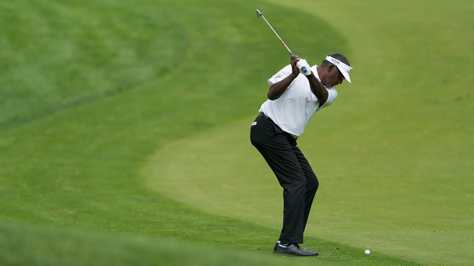 Vijay Singh of Fiji hits out of the fairway on the second hole during the second round for the 80th KitchenAid Senior PGA Championship held at Oak Hill Country Club on May 24, 2019 in Rochester, New York. (Photo by Montana Pritchard/PGA of America)