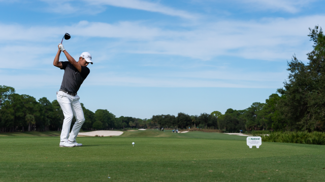 Jin Chung hits his shot from the seventh tee during the final round of the 45th National Car Rental Assistant PGA Professional Championship held at the PGA Golf Club on November 14, 2021 in Port St. Lucie, Florida. (Photo by Hailey Garrett/PGA of America)