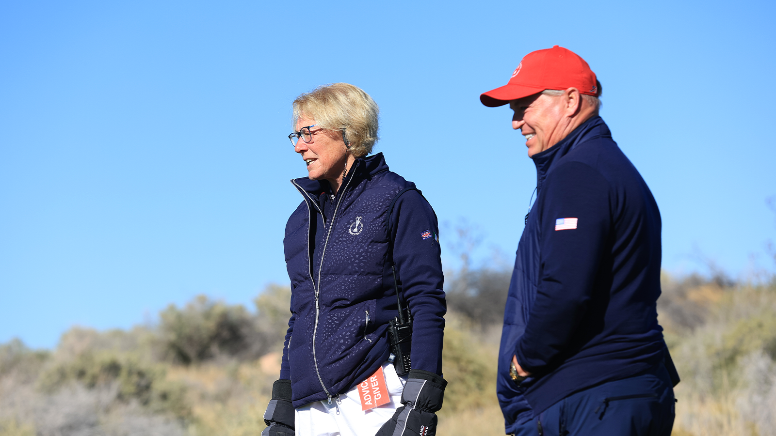 Team Captains Sarah Bennett of Team Great Britain & Ireland and PGA of America President Jim Richerson of the U.S. Team during the final round of the 2nd Women's PGA Cup at Twin Warriors Golf Club on Saturday, October 29, 2022 in Santa Ana Pueblo, New Mexico. (Photo by Sam Greenwood/PGA of America)