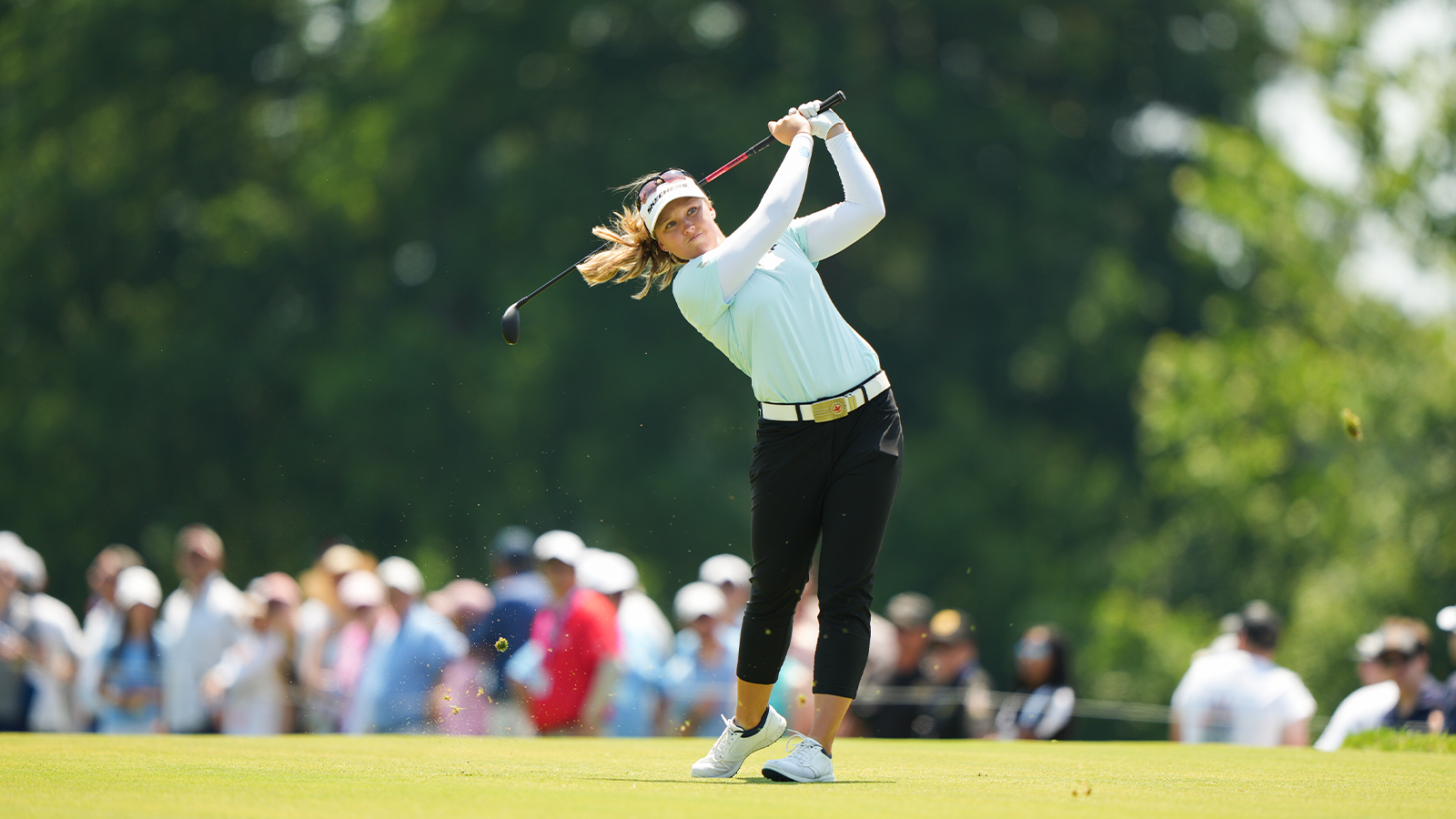Brooke M. Henderson of Canada hits her shot from the eighth tee during the final round for the 2022 KPMG Women's PGA Championship at Congressional Country Club on June 26, 2022 in Bethesda, Maryland. (Photo by Darren Carroll/PGA of America)