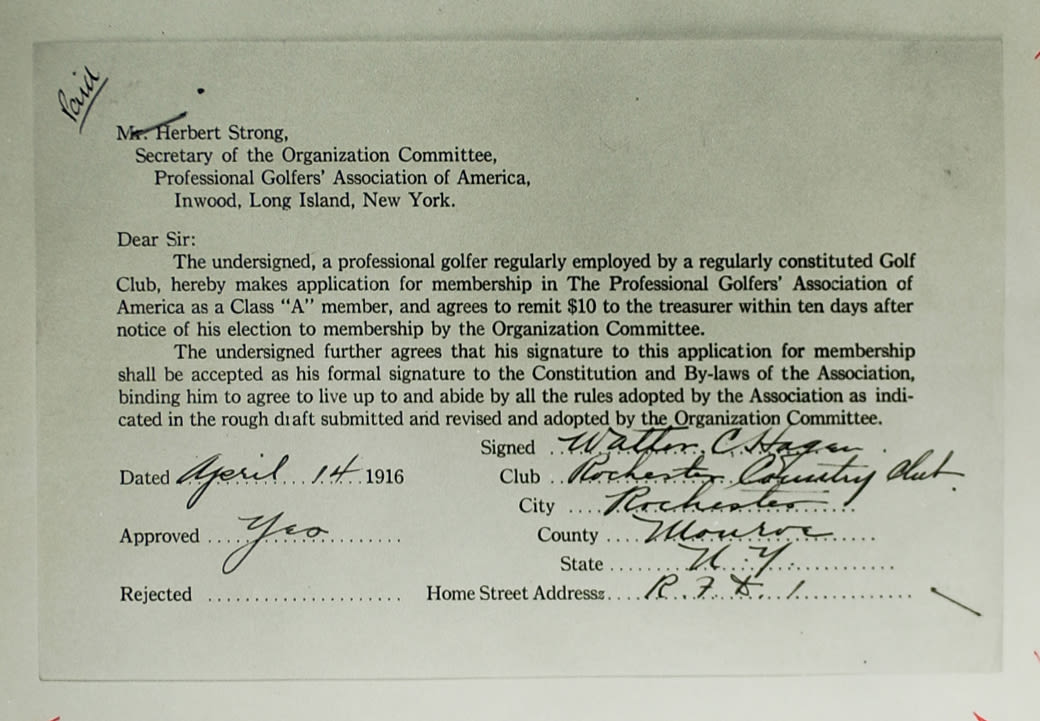 Walter Hagen's application to become a charter member of the PGA of America.