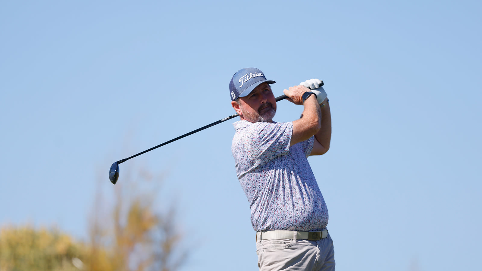 Alan Sorensen hits his tee shot on the 10th hole during the second round of the 34th Senior PGA Professional Championship at Twin Warriors Golf Club on October 14, 2022 in Santa Ana Pueblo, New Mexico. (Photo by Justin Edmonds/PGA of America)