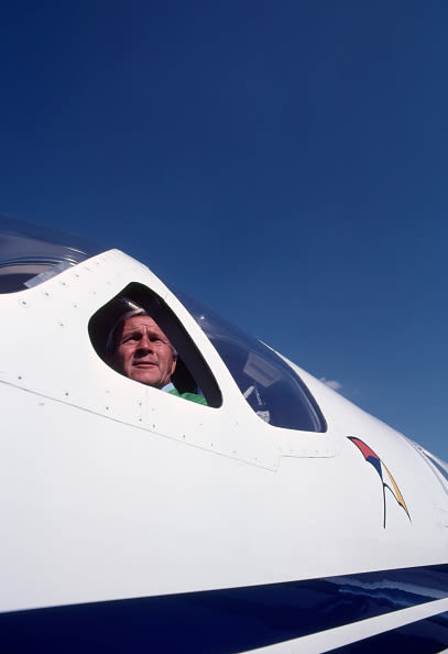 Arnold Palmer in the cockpit of his Cessna Citation private jet in Latrobe, Pennsylvania, circa 1982. (Photo by Leonard Kamsler/Popperfoto via Getty Images)
