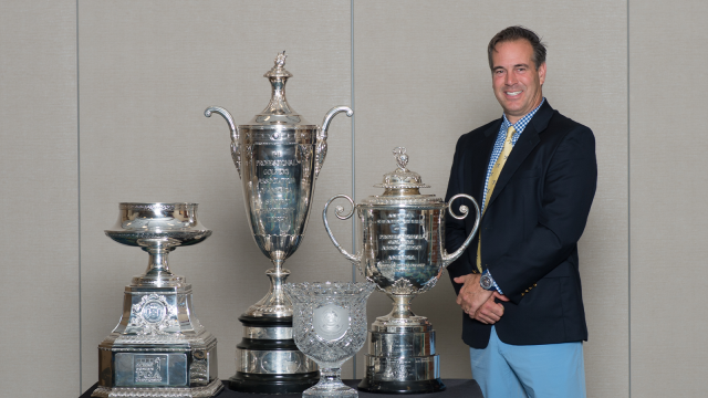 PGA Master Professional Brian Crowell, PGA, with the PGA Championships trophies. 