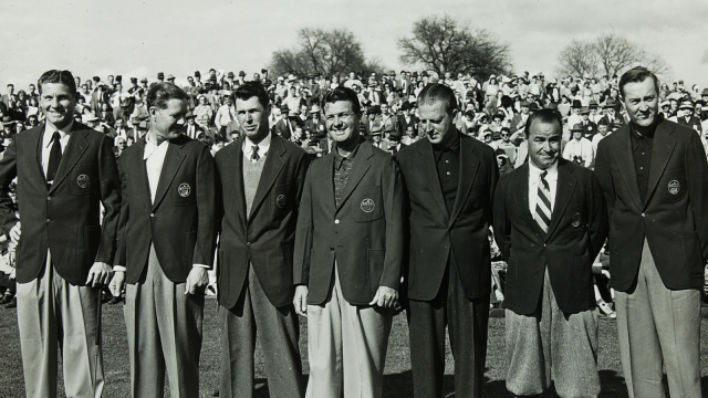 Horton Smith, Byron Nelson, Henry Picard, Jimmy Demaret, Craig Wood, Gene Sarazen, Herman Keiser at the 1947 Masters.