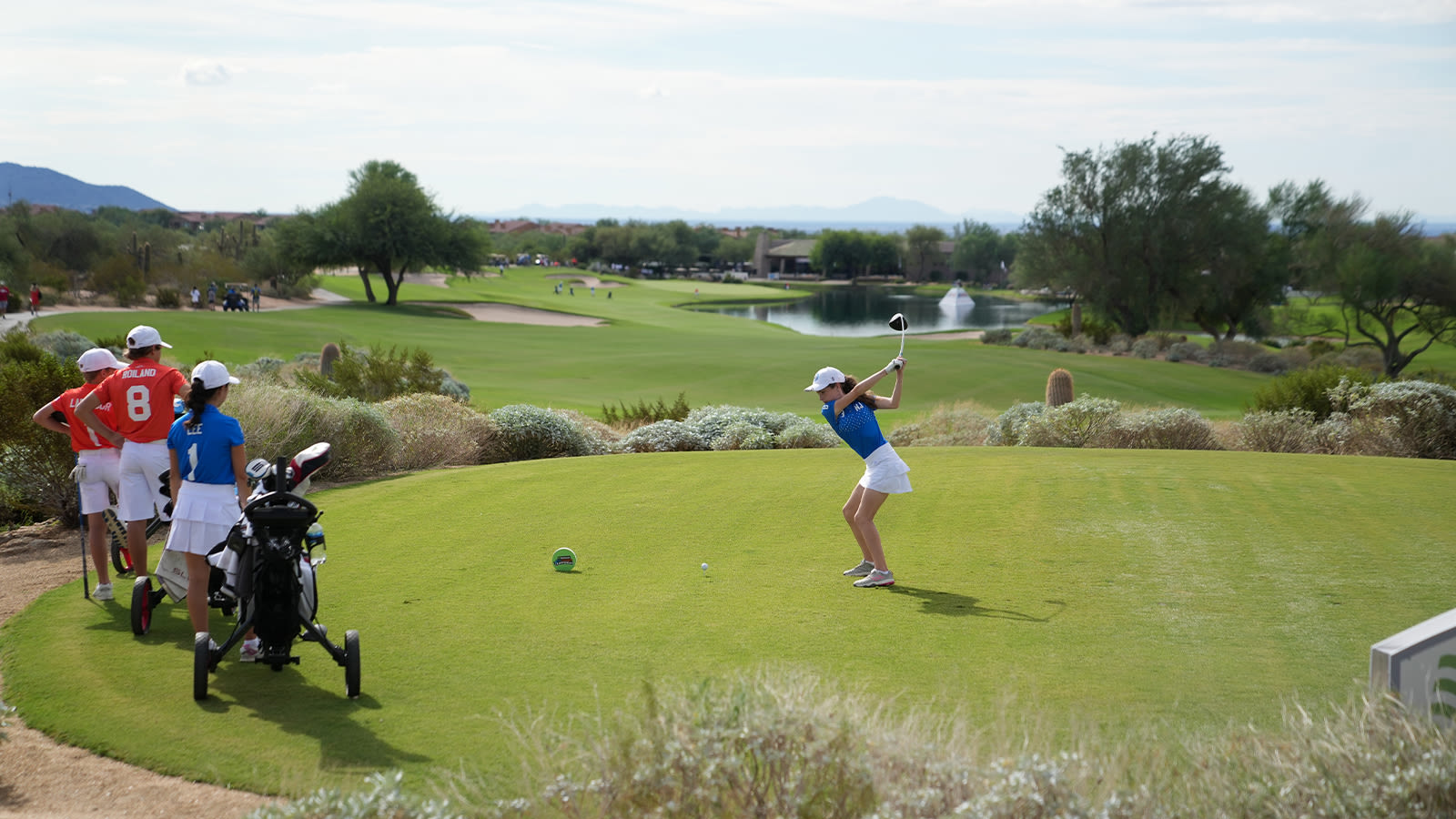 Savannah Laverty of Team New Jersey hits her tee shot on the 18th hole during the second round of the 2022 National Car Rental PGA Jr. League Championship at Grayhawk Golf Club on October 8, 2022 in Scottsdale, Arizona. (Photo by Darren Carroll/PGA of America)