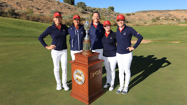 The U.S. Team poses for a photo with the Women's PGA Cup during the final round of the 2nd Women's PGA Cup at Twin Warriors Golf Club on Saturday, October 29, 2022 in Santa Ana Pueblo, New Mexico. (Photo by Sam Greenwood/PGA of America)