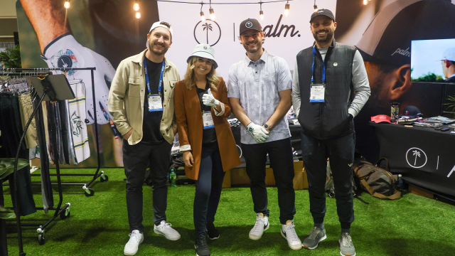 Kayla Gutierrez with owners of Palm Golf Company, Dustin Ghaul, Joseph Ciafardoni and Justin Junior (Photo by Jon Seifarth)