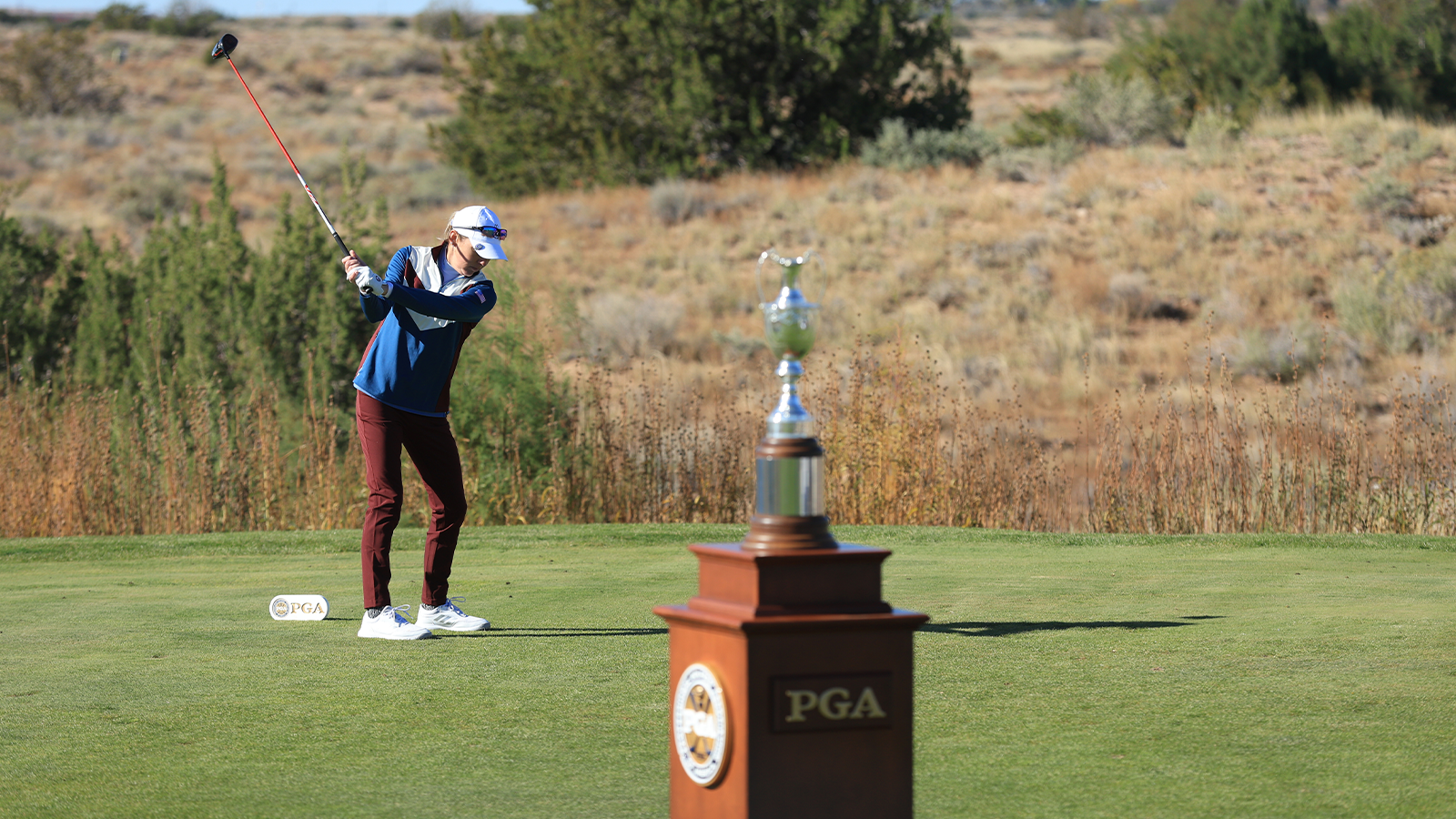 Ashley Grier of the U.S. Team hits her tee shot during the second round of the 2nd Women's PGA Cup at Twin Warriors Golf Club on Friday, October 28, 2022 in Santa Ana Pueblo, New Mexico. (Photo by Sam Greenwood/PGA of America)