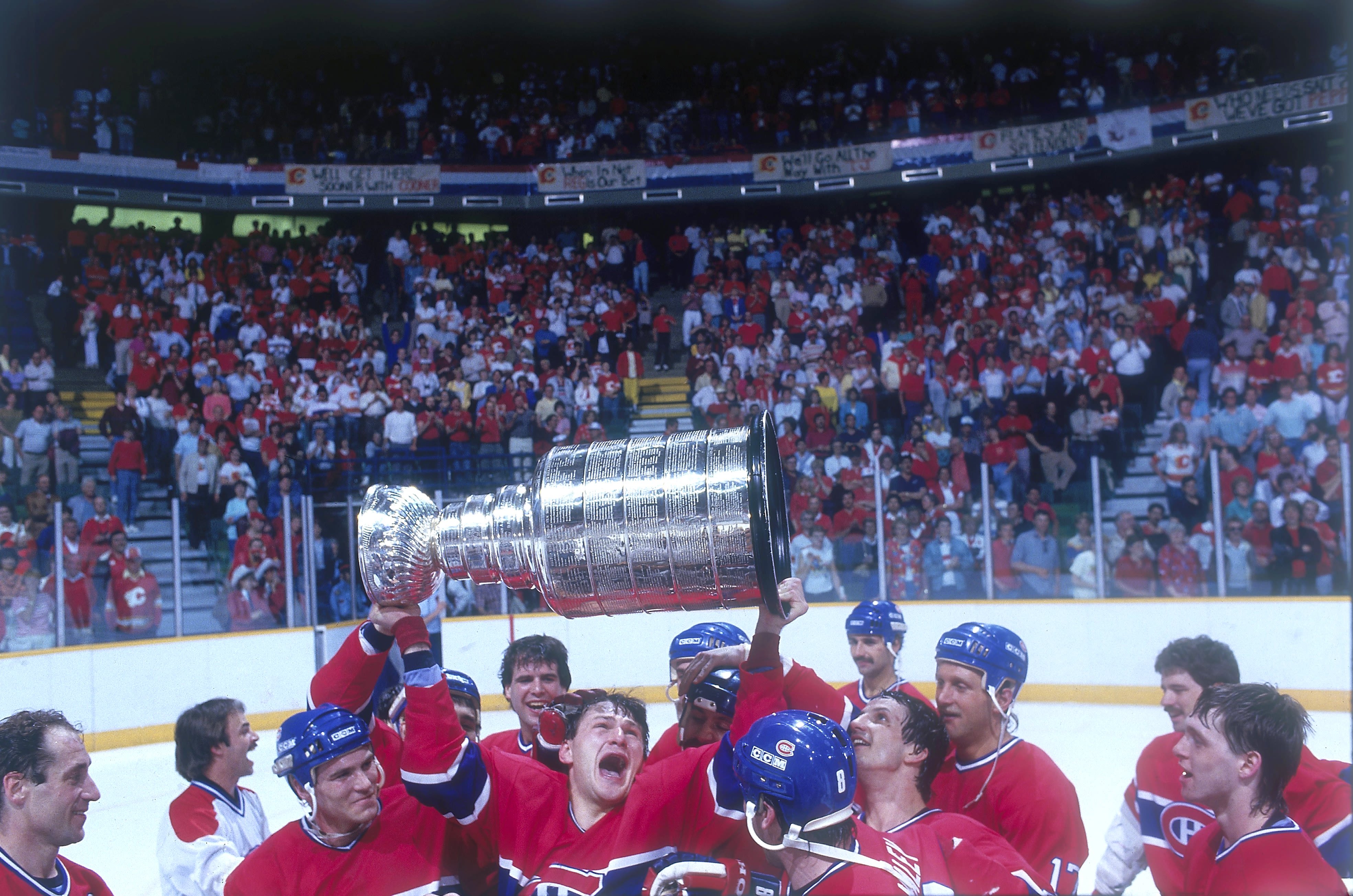Montreal Canadiens' Claude Lemieux celebrates with the Stanley Cup in 1983.