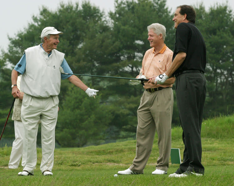 Nantz playing golf with presidents George H.W. Bush and Bill Clinton. (Photo by Portland Press Herald)