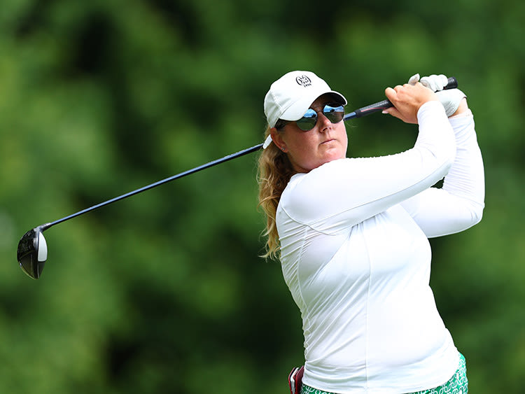 Ashley Tait-Wengert of the United States plays her shot from the sixth tee during the second round of the KPMG Women's PGA Championship at Congressional Country Club on June 24, 2022 in Bethesda, Maryland. (Photo by Elsa/Getty Images)