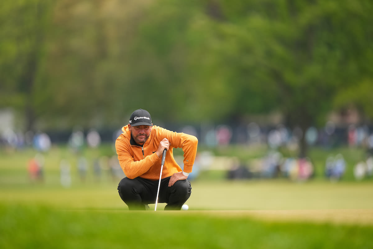 Michael Block of the Corebridge Financial PGA Team reads his putt on the sixth hole during the second round of the PGA Championship at Oak Hill Country Club on Friday, May 19, 2023 in Rochester, New York. (Photo by Darren Carroll/PGA of America)