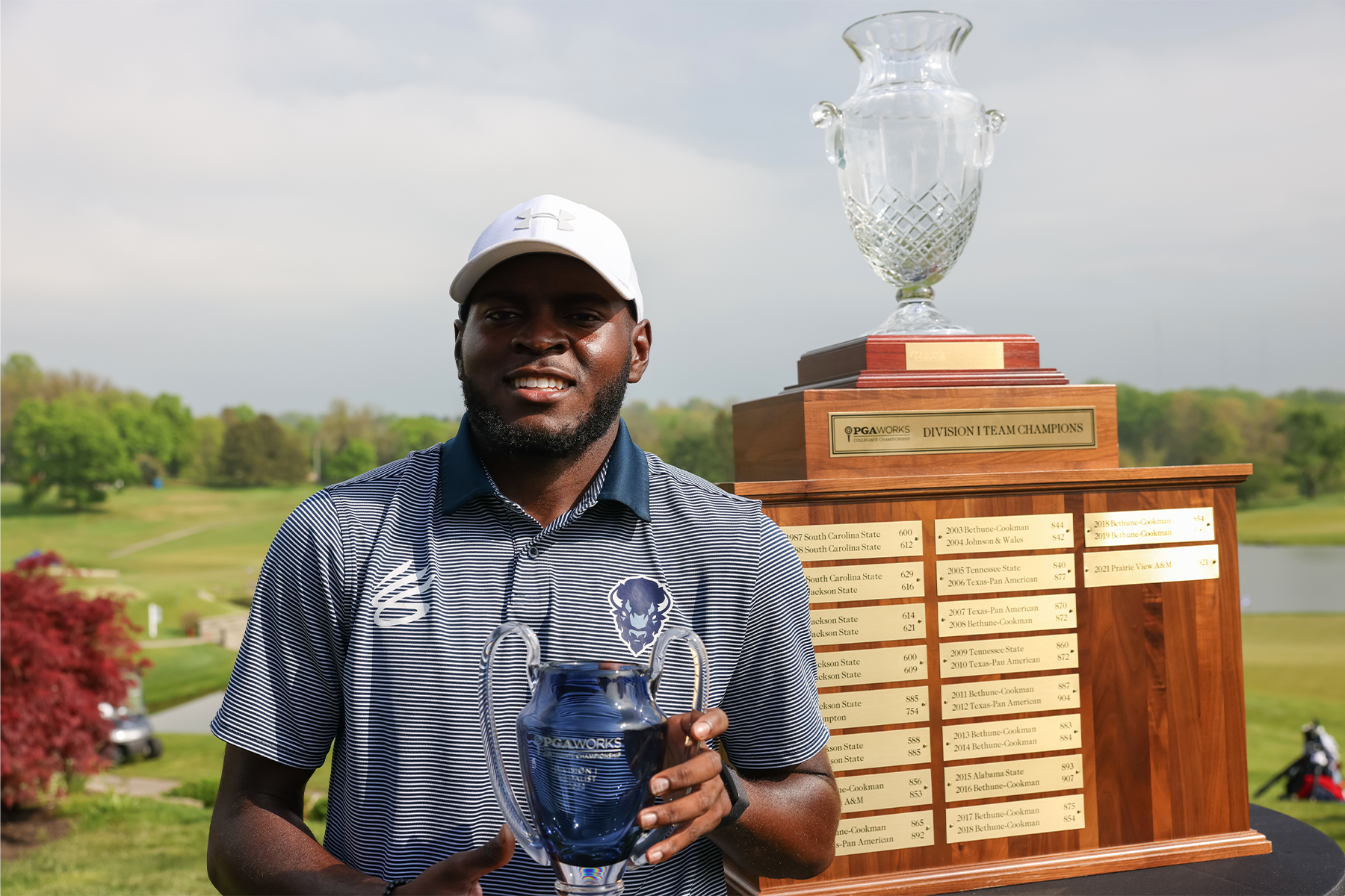 2022 PWCC Division I Medalist, Gregory Odom Jr. of Howard University poses with his trophy during the Awards Ceremony for the 2022 PGA Works Collegiate Championship at The Union League Liberty Hill on May 4, 2022 in Philadelphia, Pennsylvania. (Photo by Matt Hahn/PGA of America)
