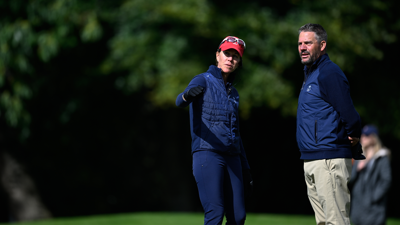 Captain and PGA of America Honorary President, Suzy Whaley and Michael Block of the United States during single matches for the 30th PGA Cup at Foxhills Golf Club on September 18, 2022 in Ottershaw, England. (Photo by Matthew Harris/PGA of America)