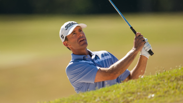 Scott Ford hits a shot out of the bunker on sixteen during the first round of The 38th National Car Rental PGA Assistant Championship at The Wanamaker Course at PGA Golf Club.
