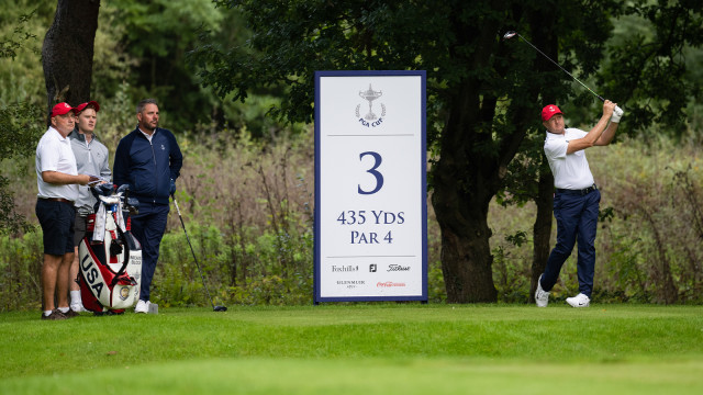 Ryan Vermeer of the United States hits his shot from the third tee during the 30th PGA Cup at Foxhills Golf Club on September 14, 2022 in Ottershaw, England. (Photo by Matthew Harris/PGA of America)