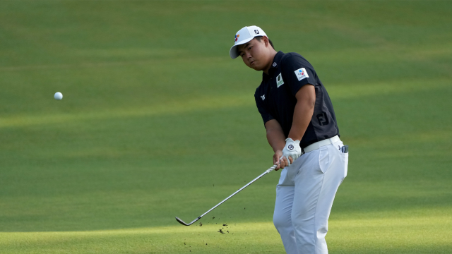  Joohyung Kim of South Korea chips on the 12th green during the second round of the Wyndham Championship at Sedgefield Country Club on August 05, 2022 in Greensboro, North Carolina. (Photo by Dylan Buell/Getty Images)