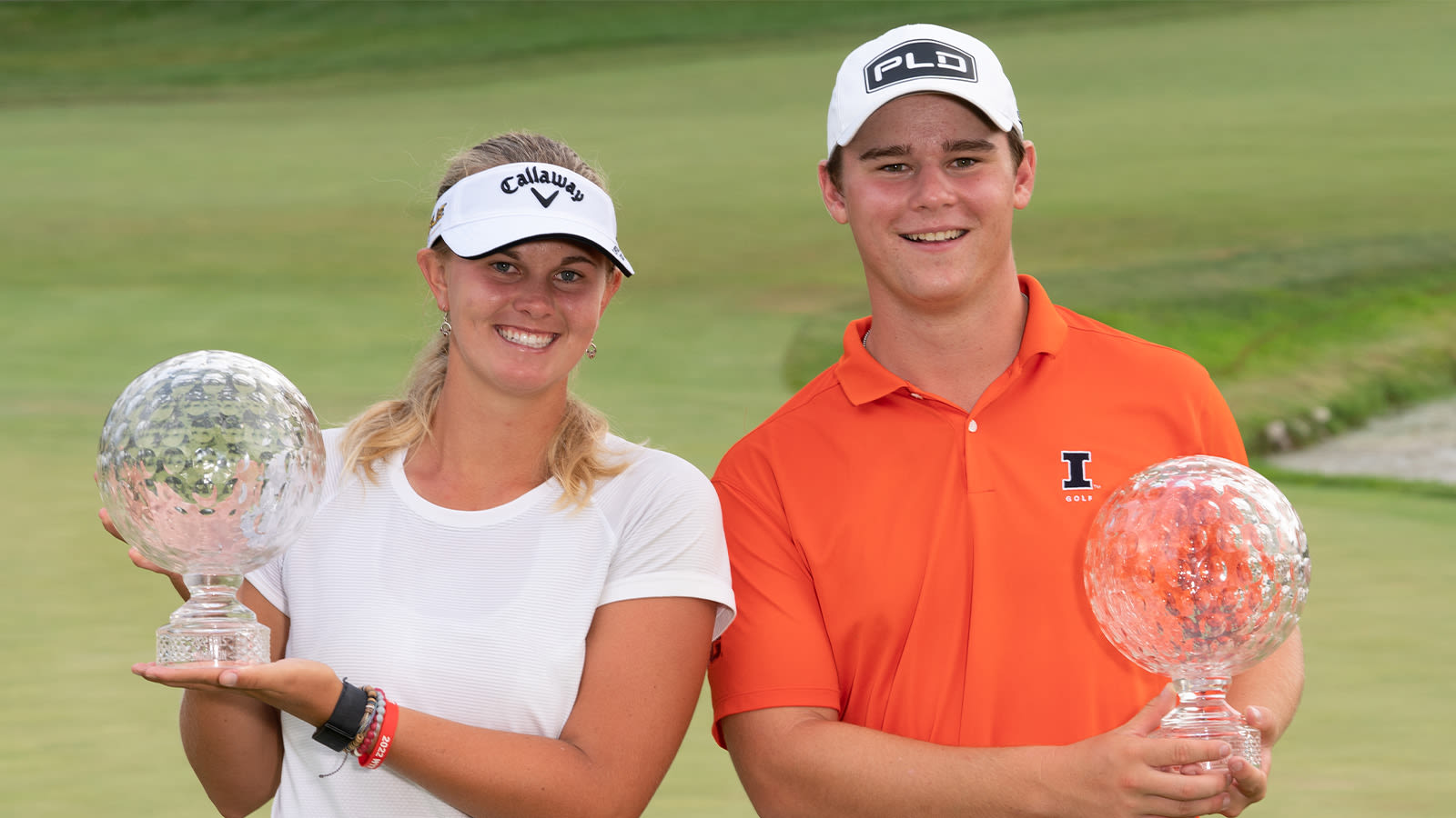 Junior PGA Champions, Kaitlyn Schroeder and Max Herendeen pose with the Patty Berg Trophy and Jack Nicklaus Trophy after the final round for the 46th Boys and Girls Junior PGA Championship held at Cog Hill Golf & Country Club on August 5, 2022 in Lemont, Illinois. (Photo by Hailey Garrett/PGA of America)