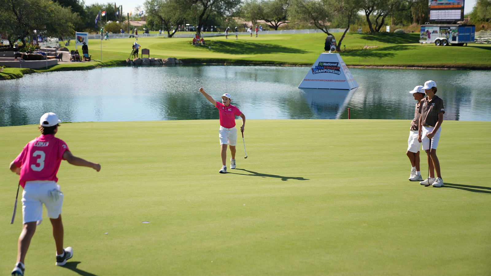 Grayson Baucom of Team North Carolina reacts to a putt on the 18th hole during the first round of the 2022 National Car Rental PGA Jr. League Championship at Grayhawk Golf Club on October 7, 2022 in Scottsdale, Arizona. (Photo by Darren Carroll/PGA of America)