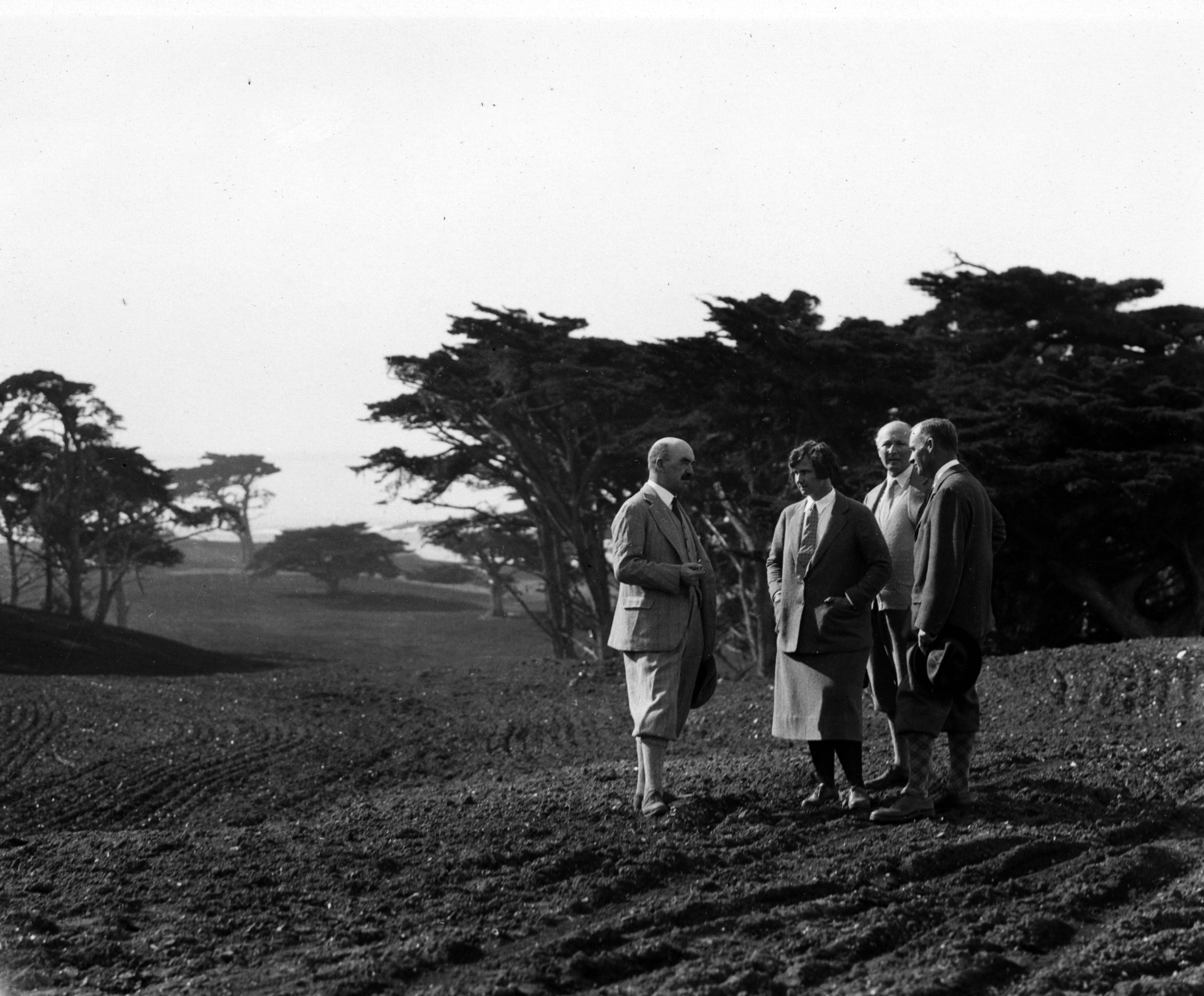 Alister MacKenzie (far left), Marion Hollins, HJ Whigham and Robert Hunter Sr. on the future 18th fairway at Cypress Point Club in 1928. (Julian P. Graham/Loon Hill)