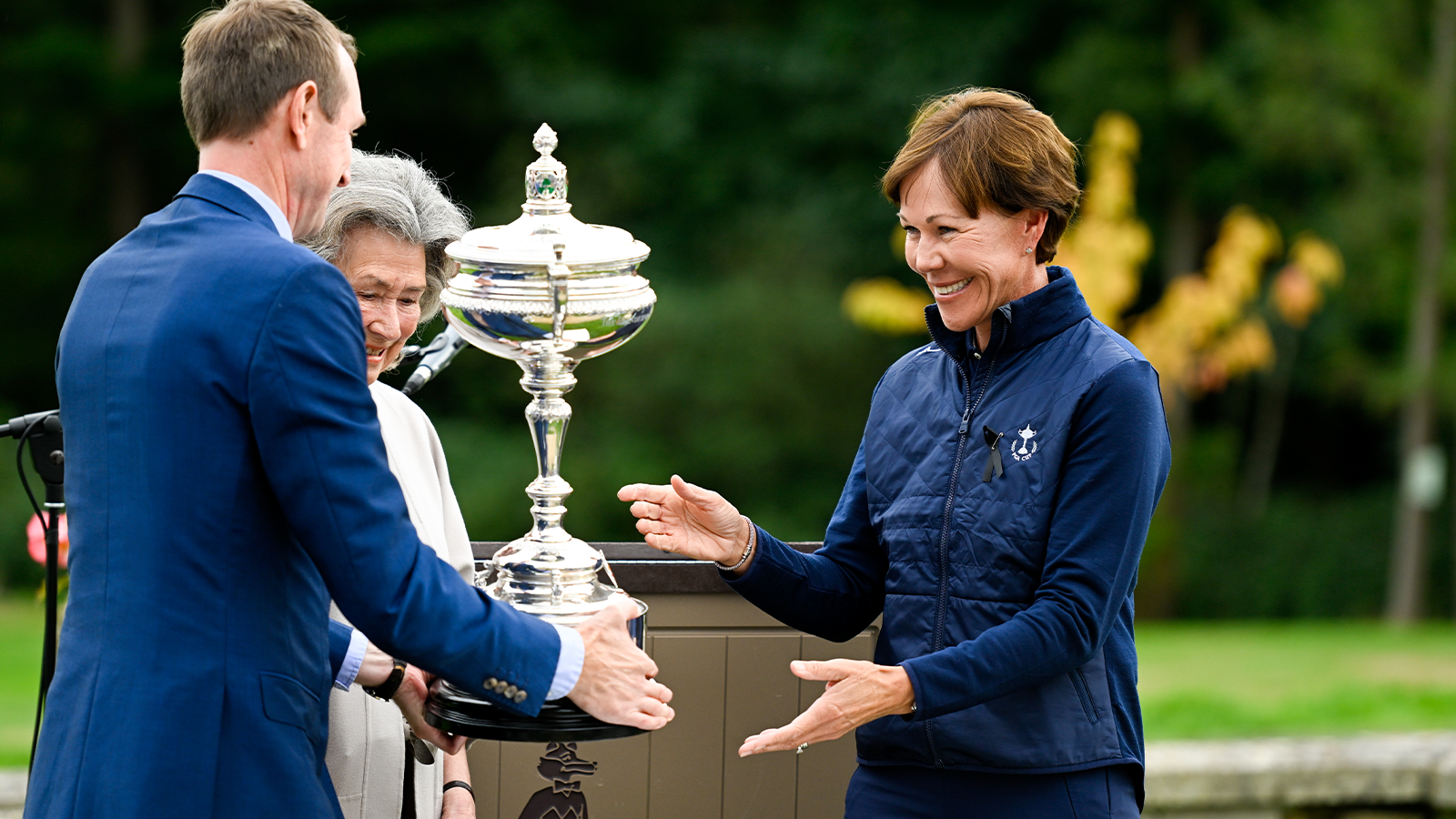 Captain and PGA of America Honorary President, Suzy Whaley receives the Llandudno trophy at the Closing Ceremonies after the 30th PGA Cup at Foxhills Golf Club on September 18, 2022 in Ottershaw, England. (Photo by Matthew Harris/PGA of America)