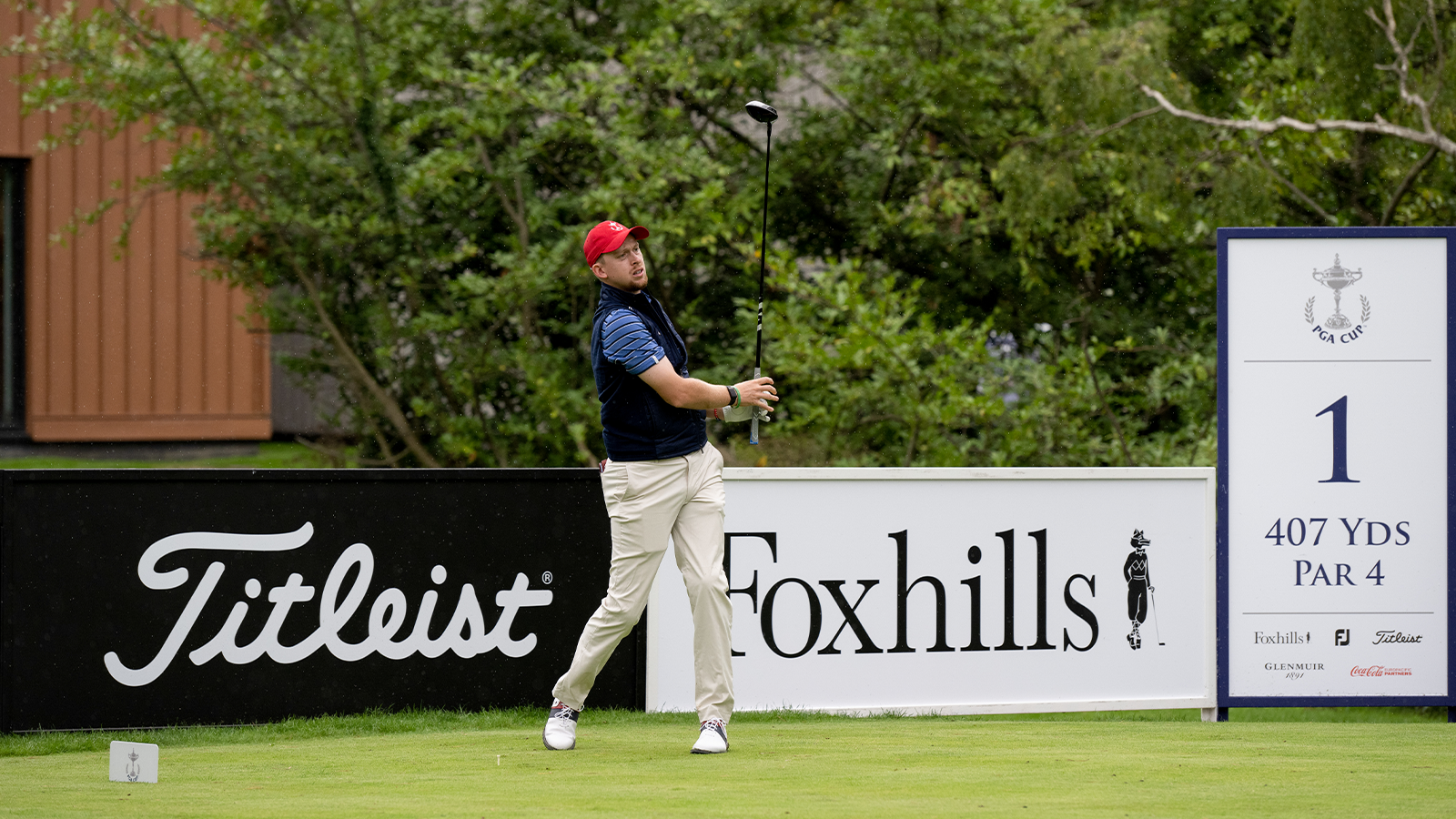 Larkin Gross of the United States hits his shot during the 30th PGA Cup at Foxhills Golf Club on September 13, 2022 in Ottershaw, England. (Photo by Matthew Harris/PGA of America)