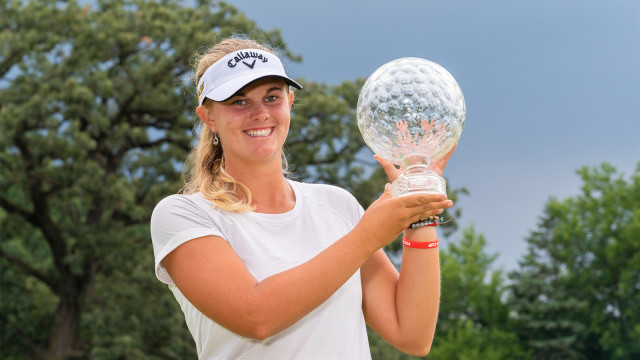 Junior PGA Champion, Kaitlyn Schroeder poses with the Patty Berg Trophy after the final round for the 46th Boys and Girls Junior PGA Championship held at Cog Hill Golf & Country Club on August 5, 2022 in Lemont, Illinois. (Photo by Hailey Garrett/PGA of America)