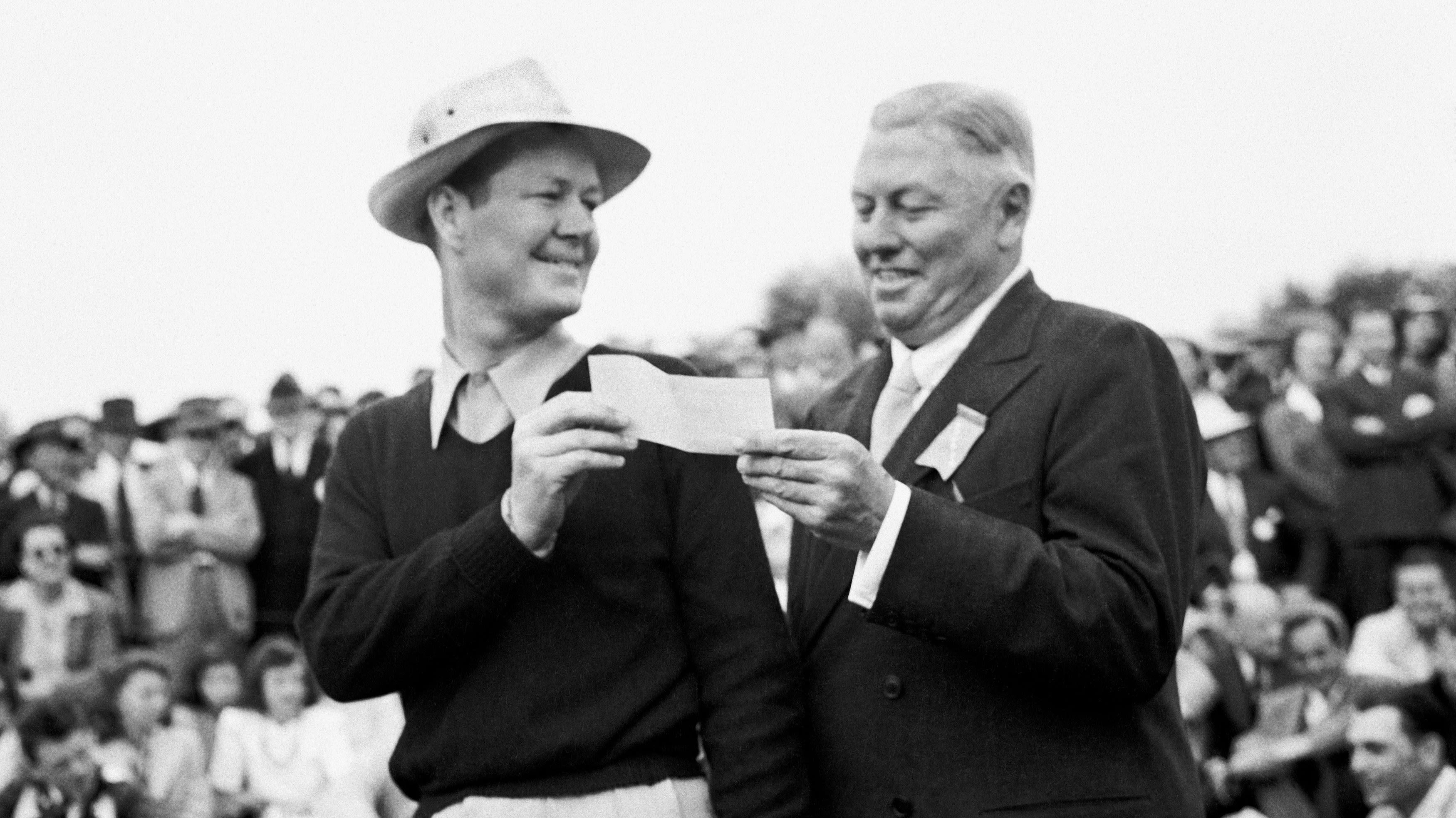 Byron Nelson stands with Alfred Bourne during the 1937 Masters. Bourne played an integral role in starting the Senior PGA Championship. (Augusta National/Getty Images)