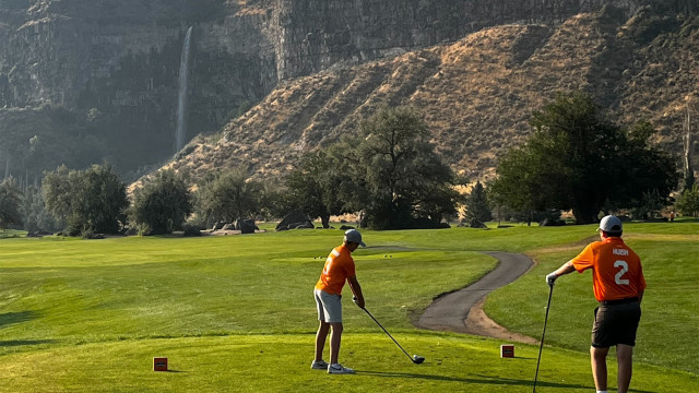 A team from the Thanksgiving Point All-Stars tee off at the Region 11 PGA Jr. League Regional Championship at Canyon Springs Golf Course.